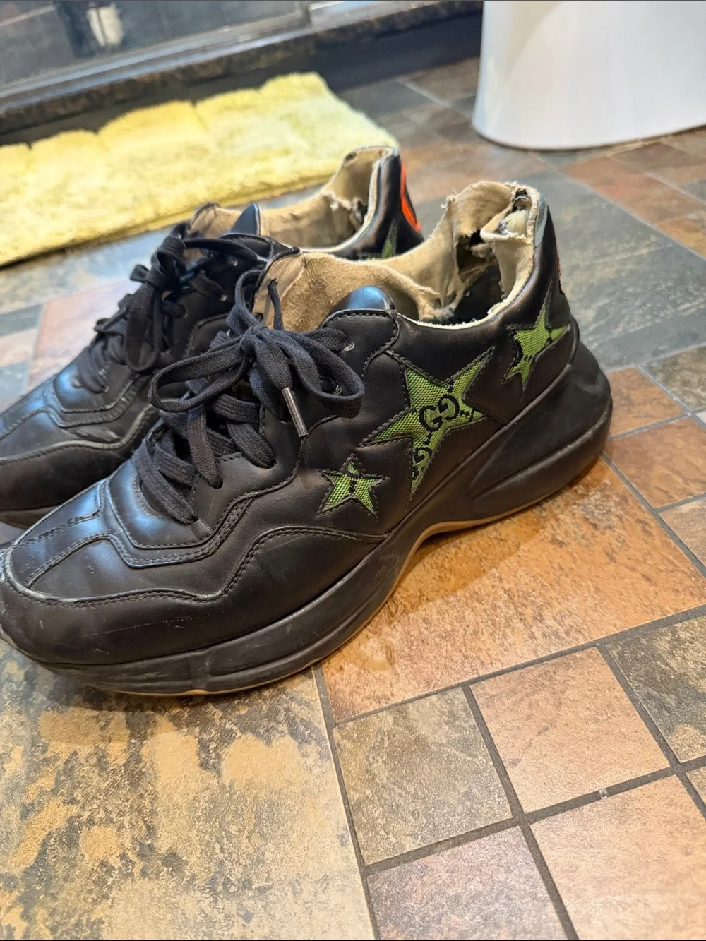 Black Leather Gucci Sneakers with Green Star Accents